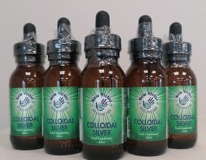 row of five bottles of Colloidal Silver